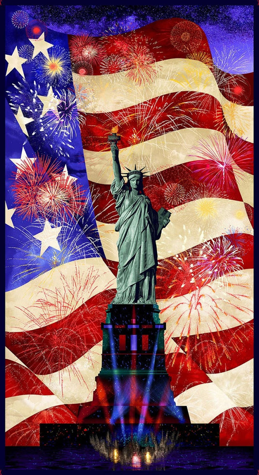 Lady Liberty - Statue of Liberty with Flag Fireworks 24" Fabric Panel, Timeless Treasures Panel-CD2090 MULTI, USA Fabric Panel, QOV
