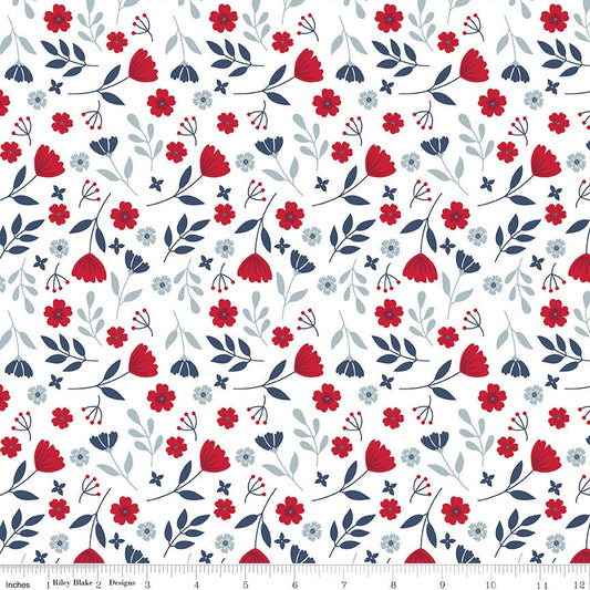 American Beauty - Patriotic Floral on White Fabric, Riley Blake C14441-White, Patriotic Cotton Fabric, By the Yard