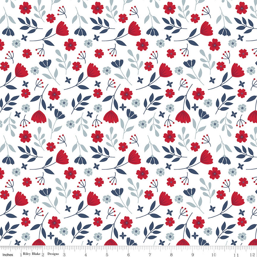 American Beauty - Patriotic Floral on White Fabric, Riley Blake C14441-White, Patriotic Cotton Fabric, By the Yard