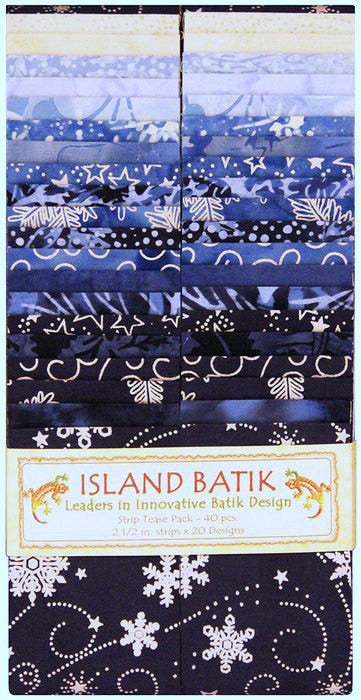 Blue Moon Strip Pack, Island Batik, Blue White Winter Silver Metallic Snowflakes Batik Jelly Roll Up, 2.5" Inch Precut Quilt Fabric Strips