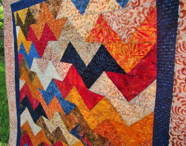 Modern Chevron Batik Throw Quilt, 61" x 70", Blue Gold Red Throw Quilt Blanket, Timeless Treasures Tonga Berry Crisp, Gender Neutral Quilt