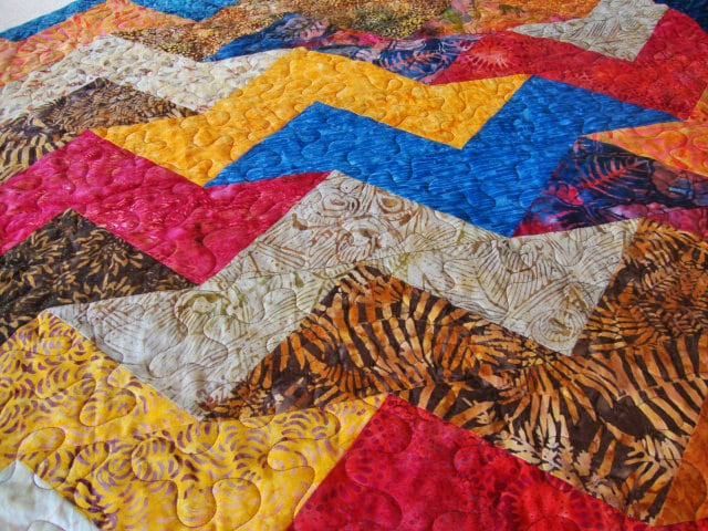 Modern Chevron Batik Throw Quilt, 61" x 70", Blue Gold Red Throw Quilt Blanket, Timeless Treasures Tonga Berry Crisp, Gender Neutral Quilt
