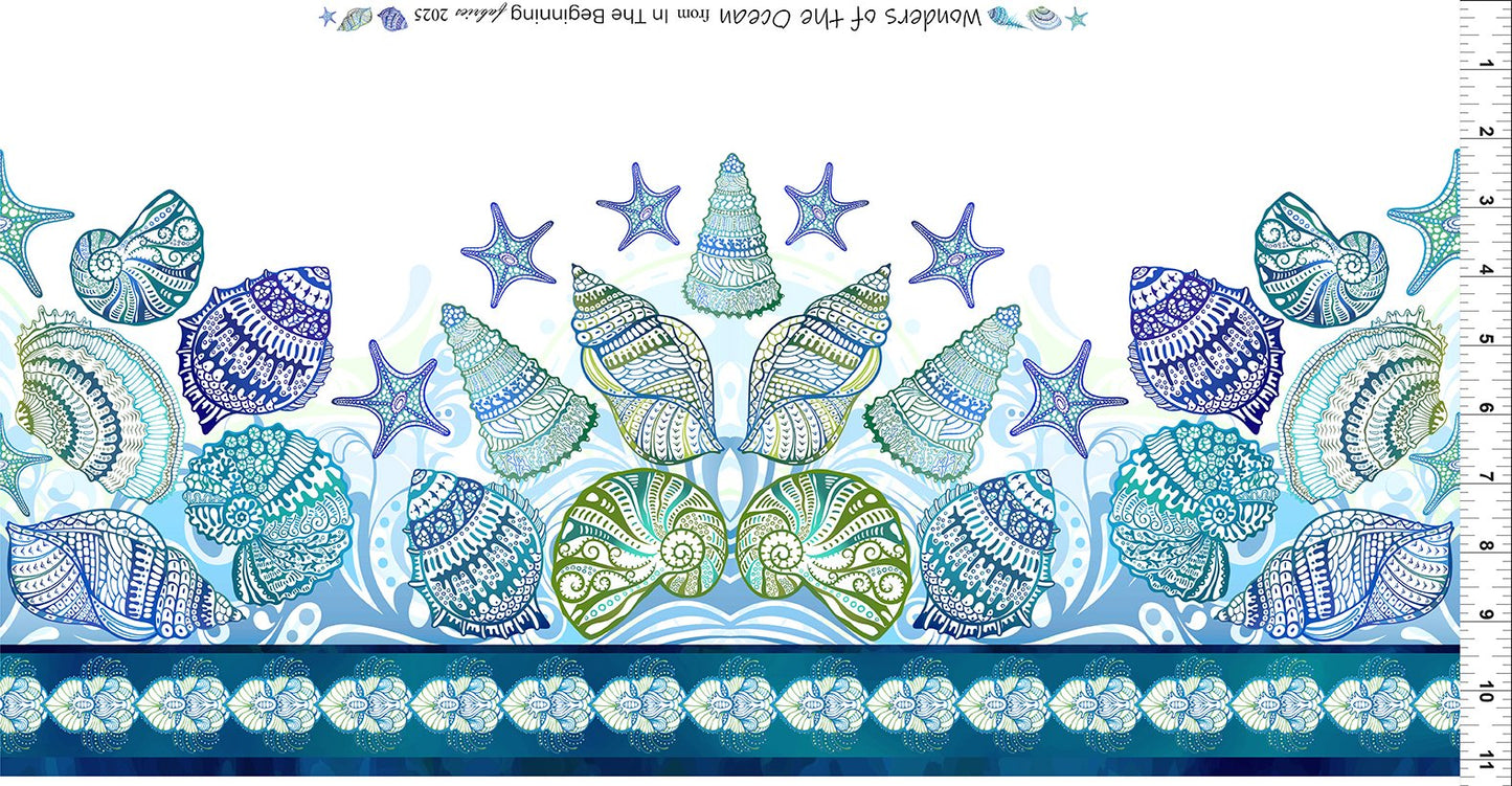 Wonders of the Ocean - Blue White Shells Border Print Fabric, In the Beginning 2WO-1 Blue