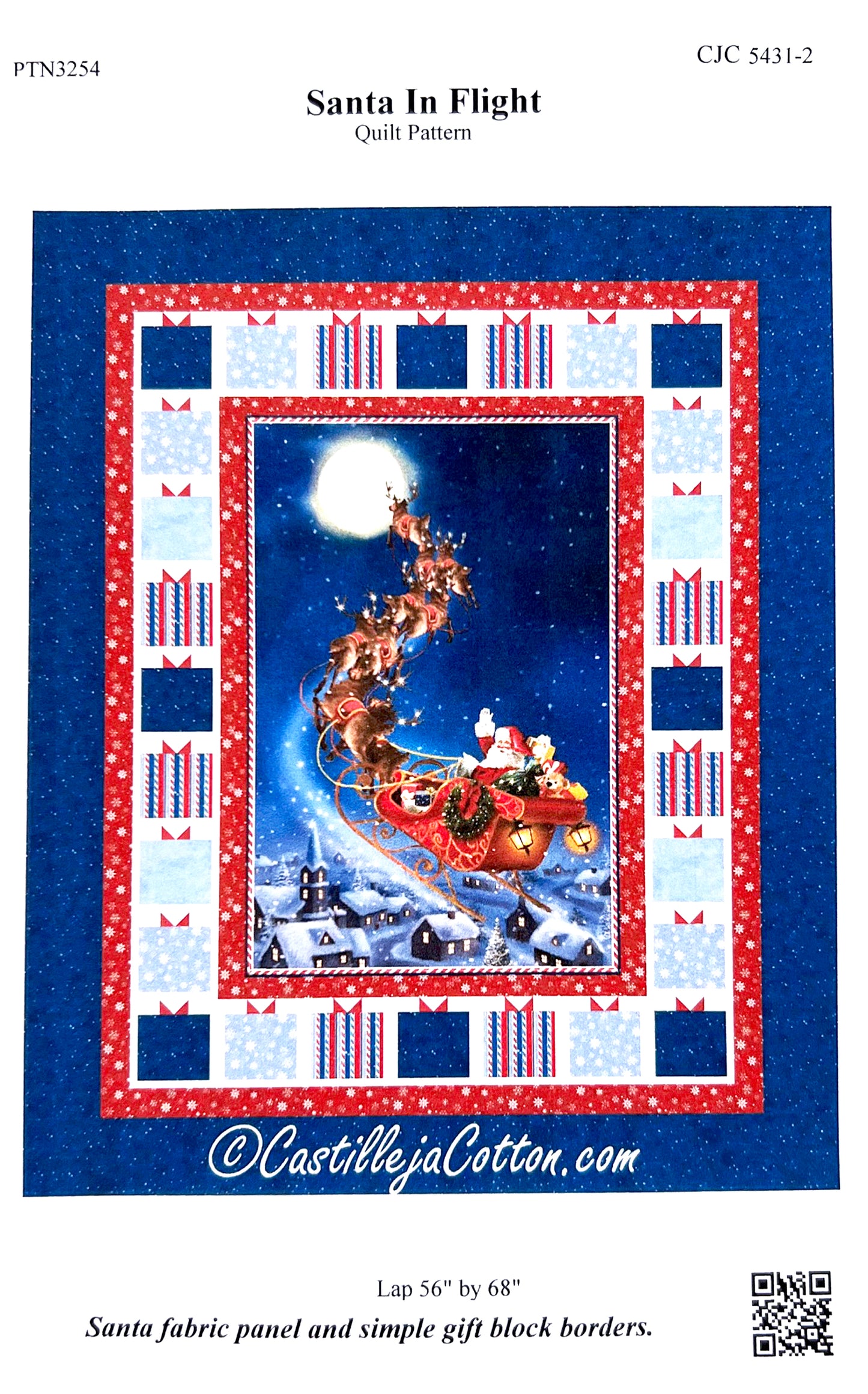 Santa in Flight Panel Frame Quilt Pattern, Castilleja Cotton PTN3254