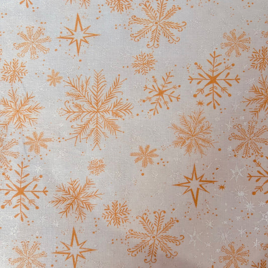 Magical Season - Golden-Orange White Metallic Snowflakes on White Fabric, Benartex 16727PB-92