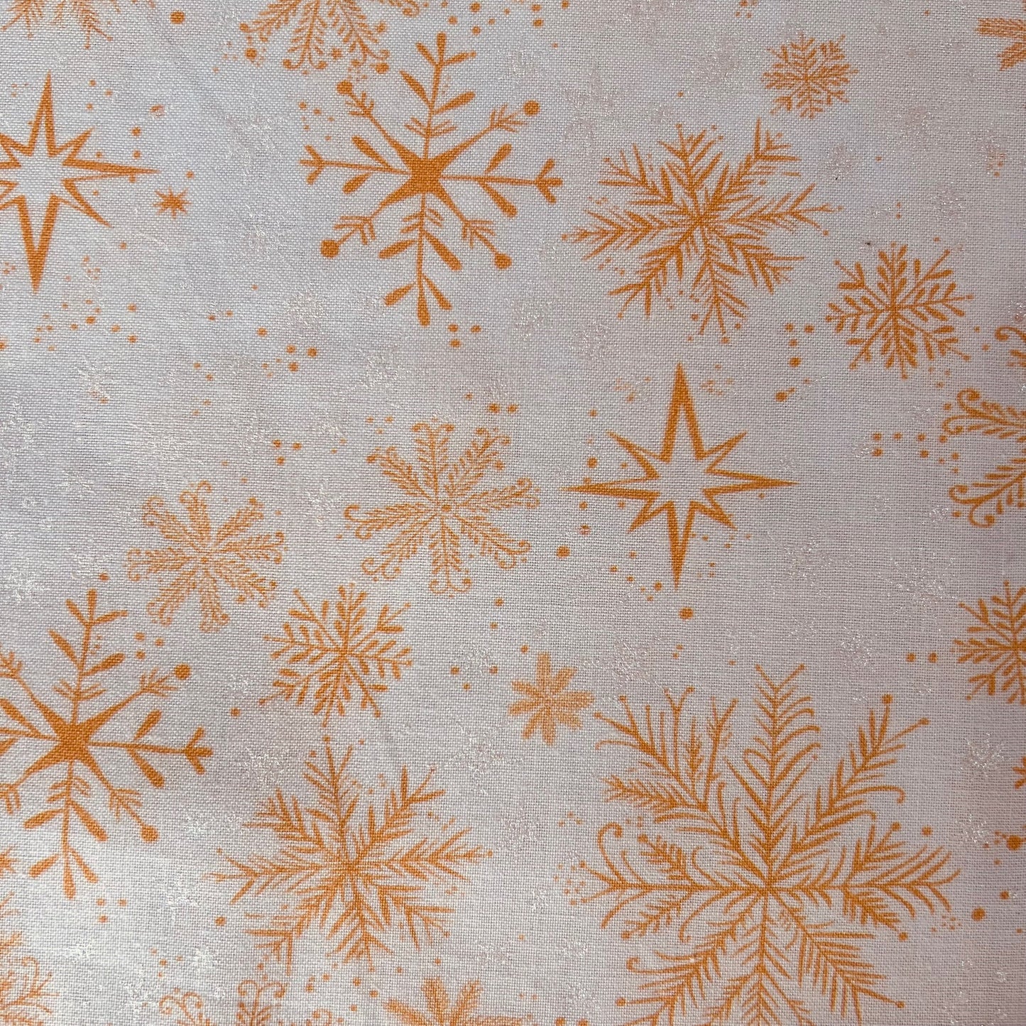 Magical Season - Golden-Orange White Metallic Snowflakes on White Fabric, Benartex 16727PB-92