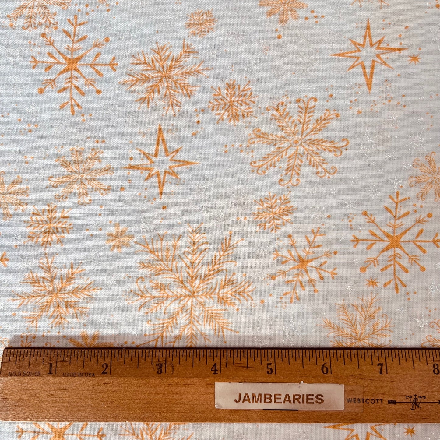 Magical Season - Golden-Orange White Metallic Snowflakes on White Fabric, Benartex 16727PB-92