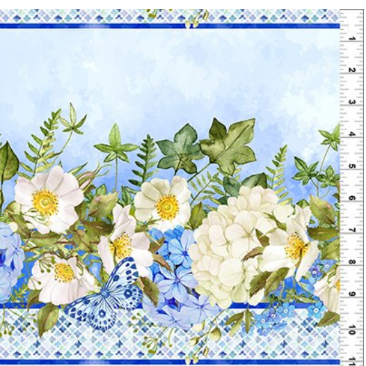 Periwinkle Spring - Blue White Hydrangeas Floral Border Print Fabric, In the Beginning 2PS-1
