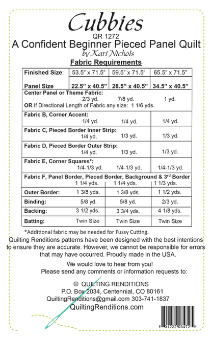 Cubbies Panel Frame Quilt PATTERN, Quilting Renditions QR1272