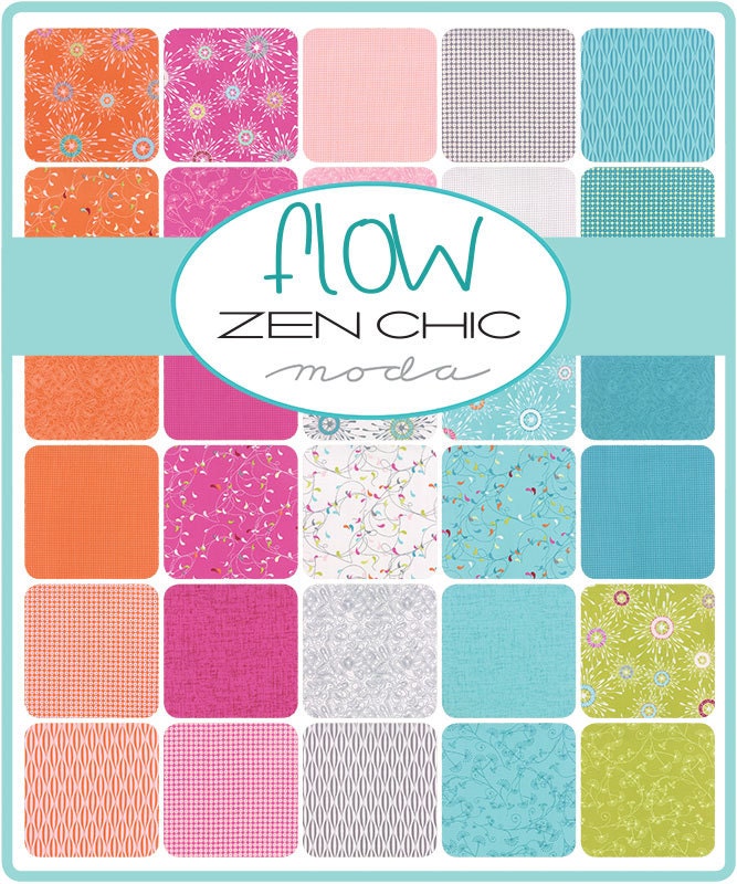 Flow Charm Pack OOP, Moda 1590PP, 5" Precut Modern Contemporary Pink Green Gray Blue Orange Geometric Charm Pack Fabric Squares, Zen Chic