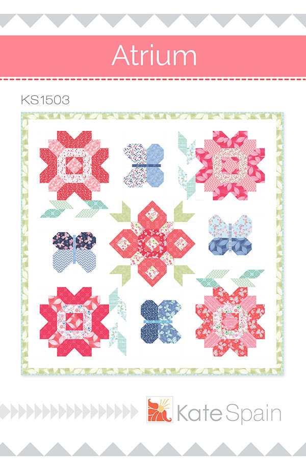 Atrium Quilt Pattern, Kate Spain KS1503, Fat Eighths Yardage Friendly Flowers and Butterflies Square Queen Bed Quilt Pattern