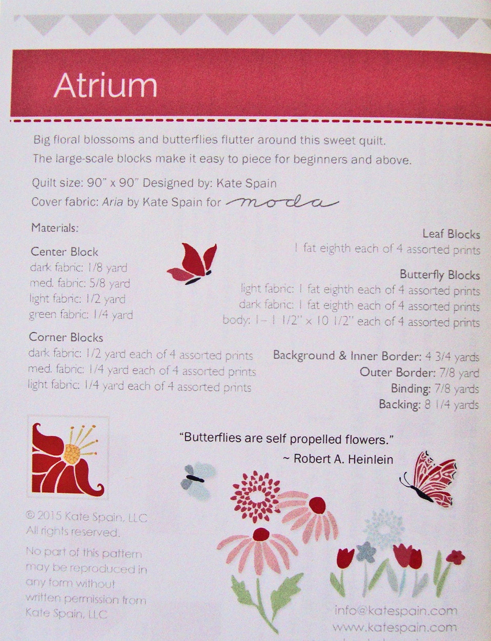 Atrium Quilt Pattern, Kate Spain KS1503, Fat Eighths Yardage Friendly Flowers and Butterflies Square Queen Bed Quilt Pattern