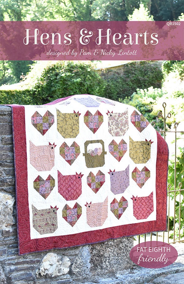 Hens and Hearts Quilt Pattern, The Quilt Room QR1502, Fat Eighths Friendly Chickens Hearts Baskets Square Throw Quilt Pattern