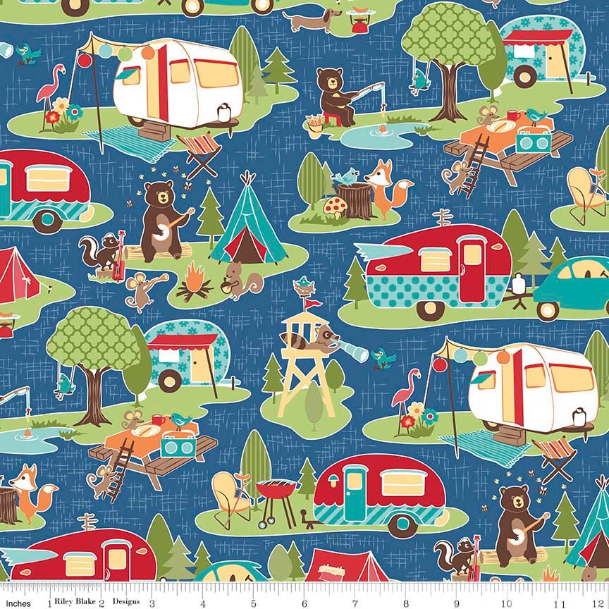 Road Trip - Main Blue Camper Camping Themed Fabric OOP, Riley Blake C5620-Blue, Juvenile Camping Fabric, Kelly Panacci, By the Yard