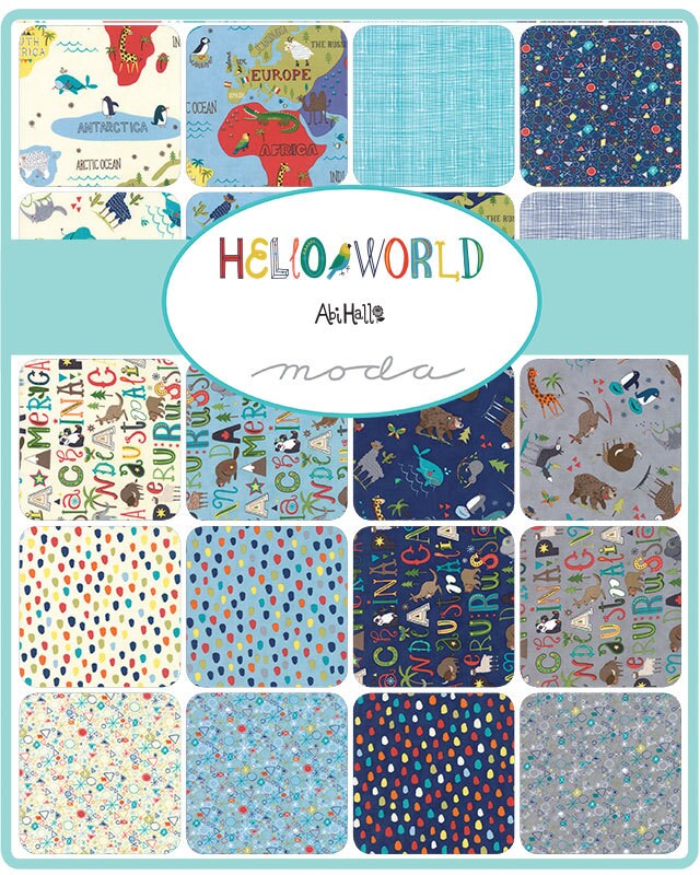 RARE Hello World - Children's World Map Animals 5" Charm Pack OOP, Moda 35300PP, 5" Precut Children's Novelty Fabric, Baby Quilt Fabric