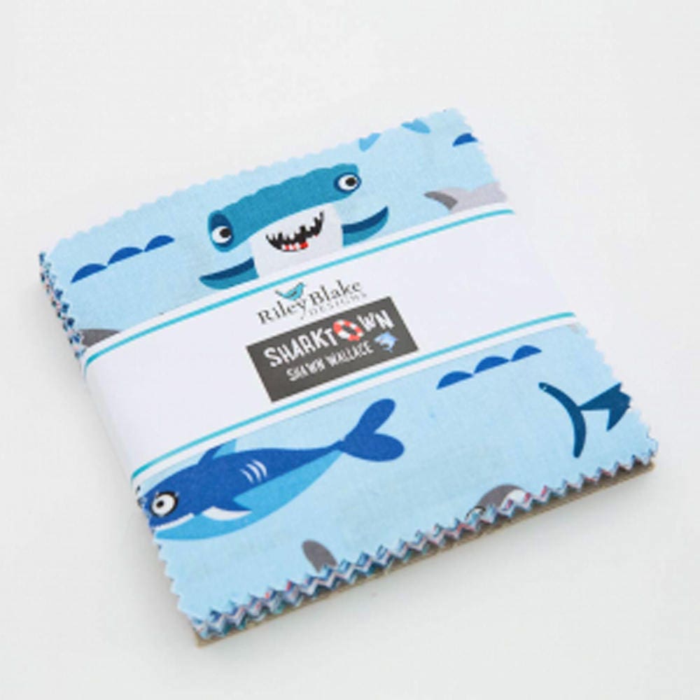 Sharktown 5" Precut Stacker OOP, Riley Blake 5-6350-42, Precut 5" Sharks Nautical Charm Pack Fabric Squares, Shawn Wallace