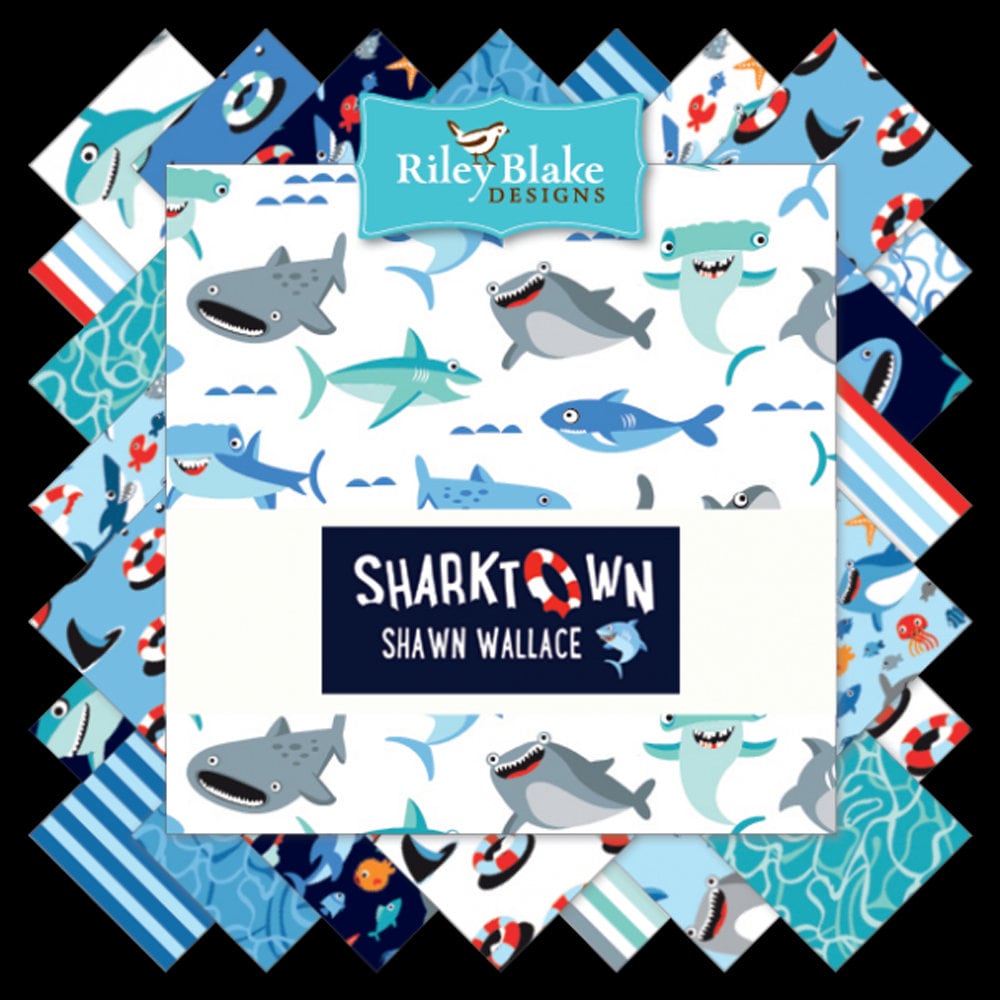 Sharktown 5" Precut Stacker OOP, Riley Blake 5-6350-42, Precut 5" Sharks Nautical Charm Pack Fabric Squares, Shawn Wallace