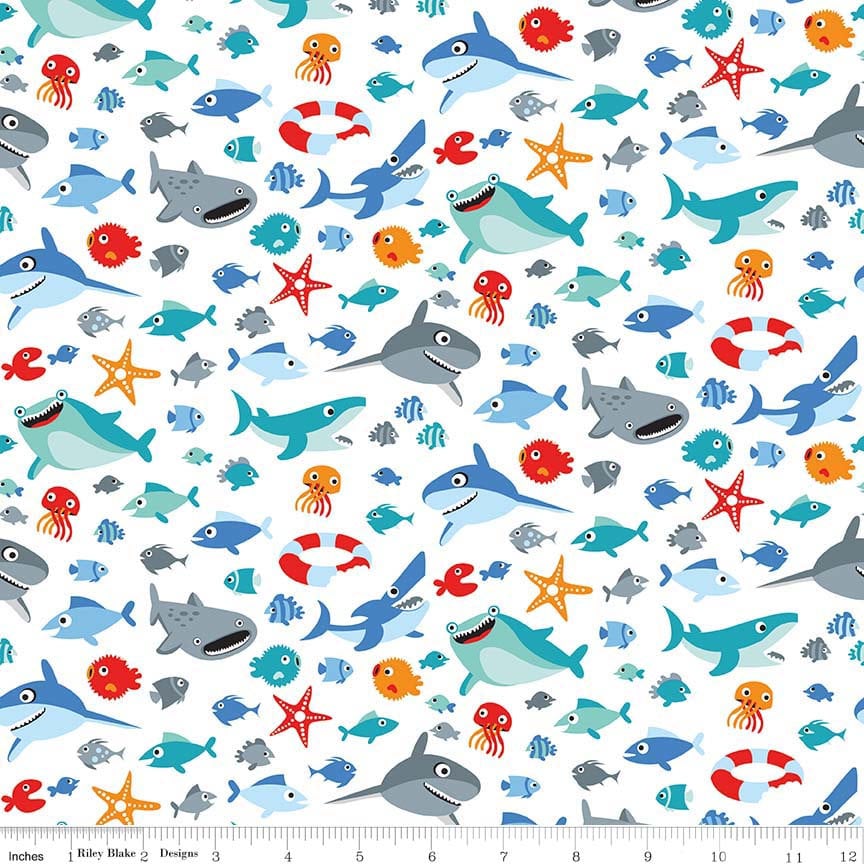 Sharktown - Sea Life White OOP, Riley Blake C6351-White, Sharks Sea Life Jellyfish Fish Ocean Beach Fabric, Shawn Wallace, By the Yard