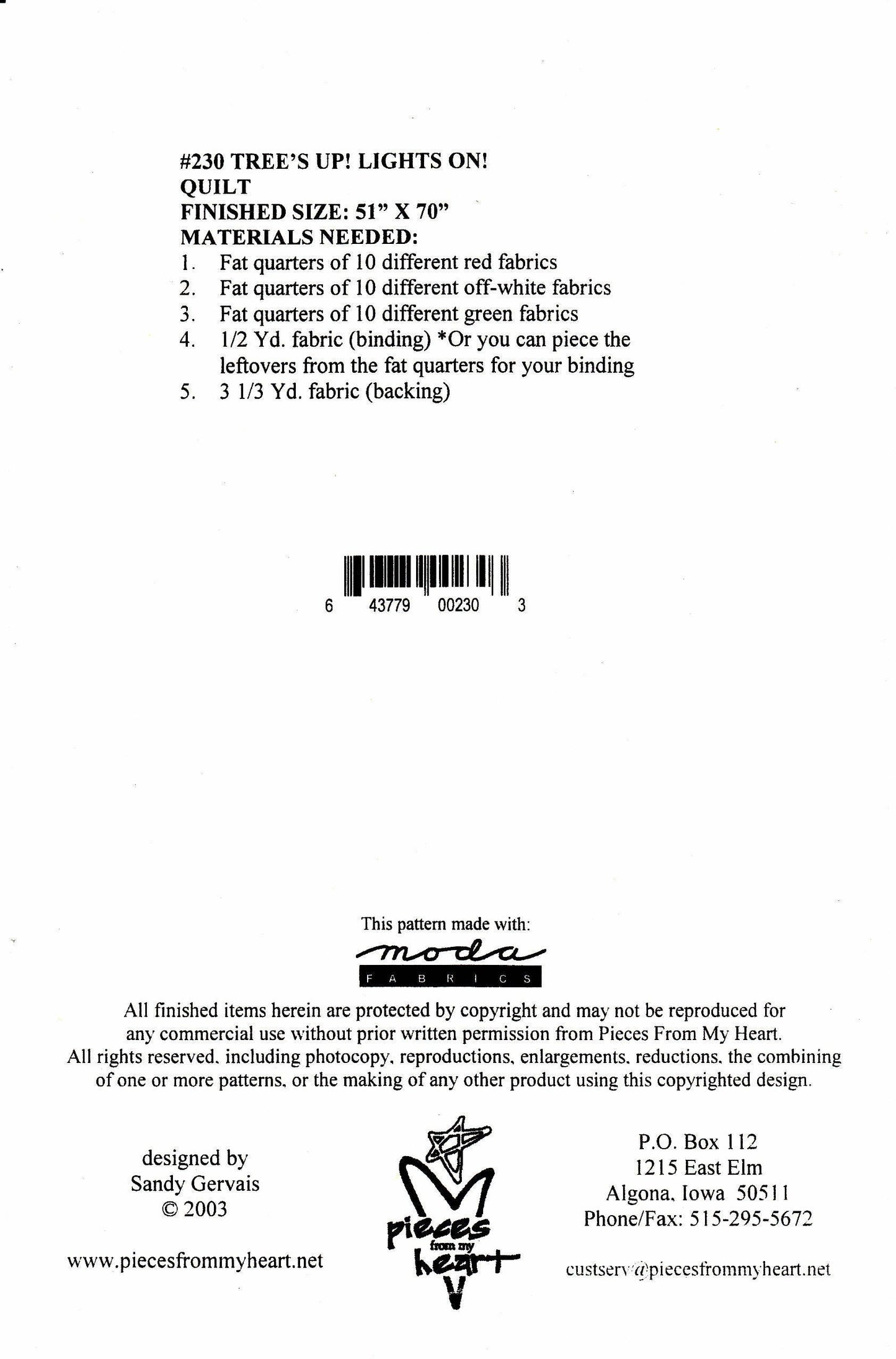 Tree's Up Lights On Quilt Pattern, PM230, FQ Fat Quarter Friendly Christmas Tree Quilt Pattern, Sandy Gervais, Pieces From My Heart