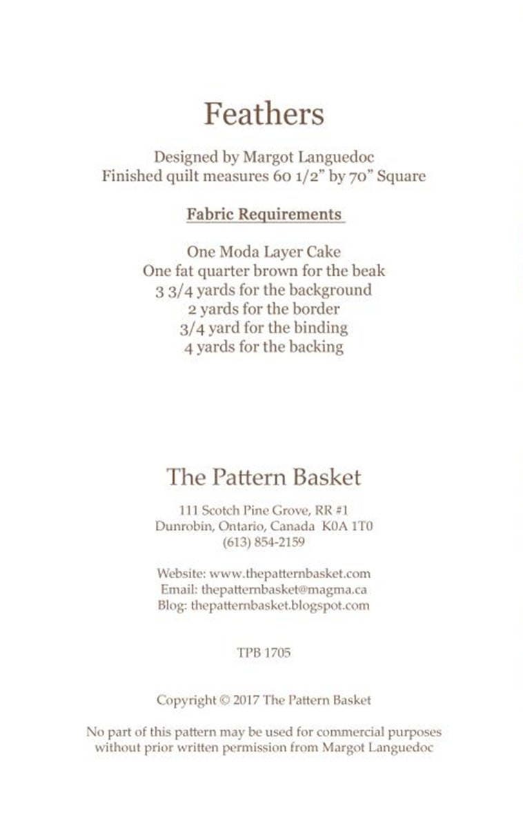 Feathers Quilt Pattern, The Pattern Basket TPB 1705, Layer Cake Friendly Birds Throw Quilt Pattern