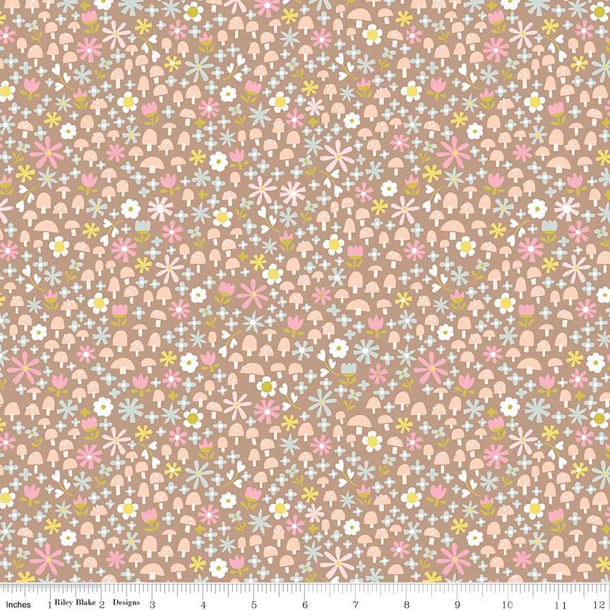 Goldilocks Pink Mushrooms Flowers on Brown Fabric OOP, Riley Blake C5714-Brown, Goldilocks Three Bears Fairy Tale Fabric, By the Yard