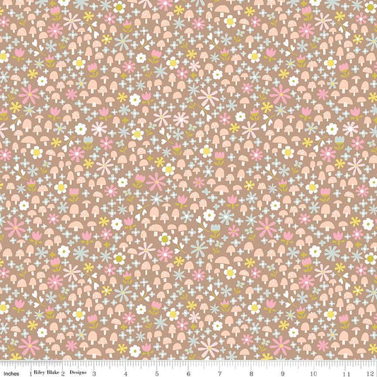 Goldilocks Pink Mushrooms Flowers on Brown Fabric OOP, Riley Blake C5714-Brown, Goldilocks Three Bears Fairy Tale Fabric, By the Yard