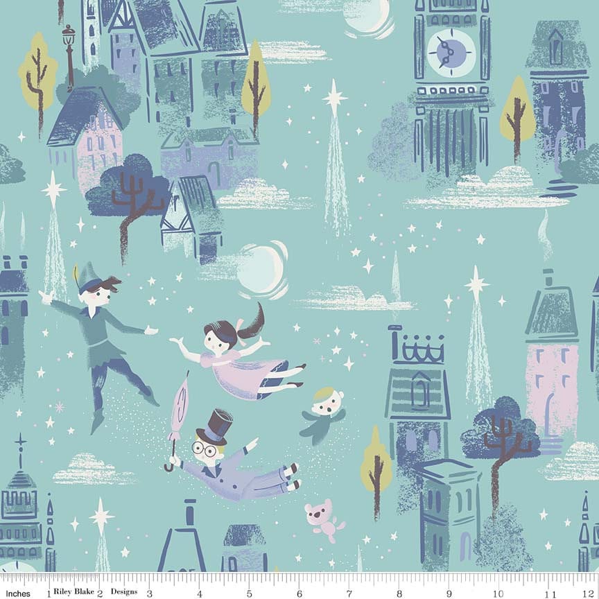 REMNANT 28" of Neverland - Peter Pan Wendy on Mint Green Fabric, Riley Blake C6570-Mint, Peter Pan in Neverland Fairy Tale Fabric, Howarth