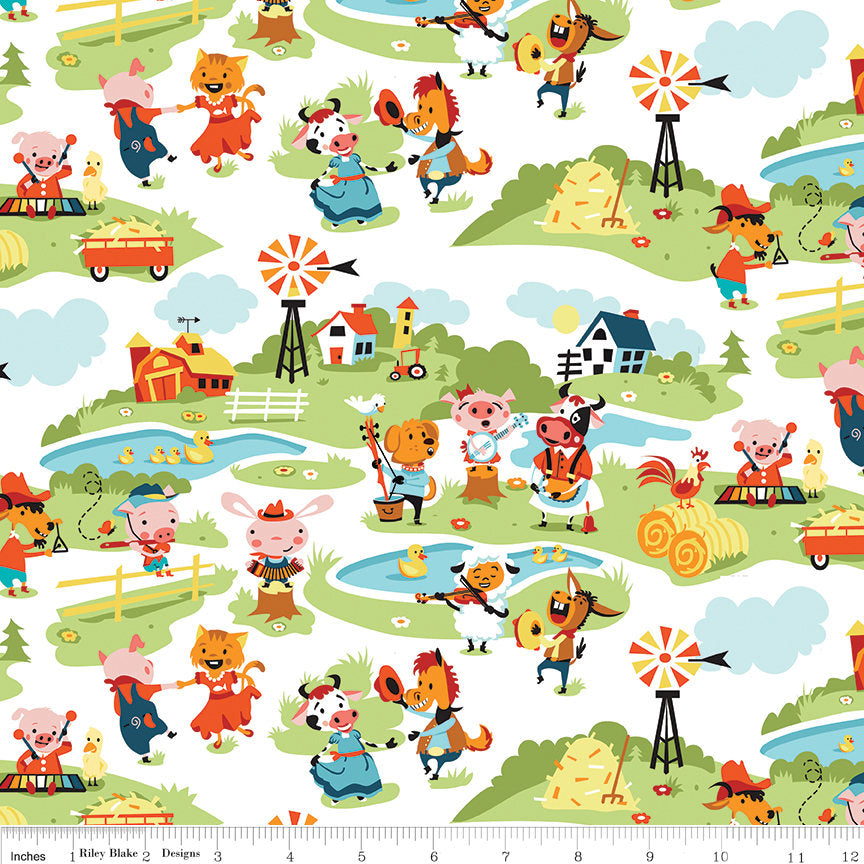 Harmony Farm- Whimsical Farm Scene Animals on White Fabric OOP, Riley Blake C6690-White, Farm Animals Baby Quilt Nursery Fabric, By the Yard