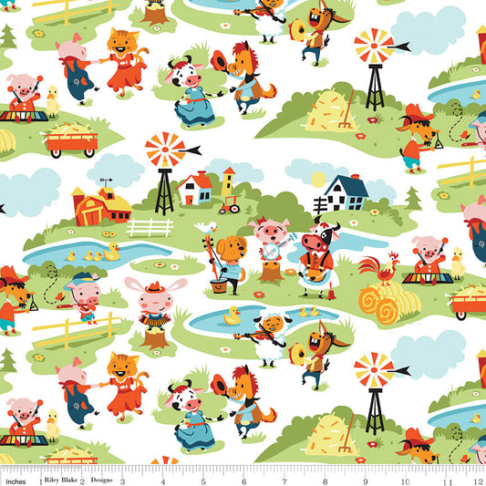 Harmony Farm- Whimsical Farm Scene Animals on White Fabric OOP, Riley Blake C6690-White, Farm Animals Baby Quilt Nursery Fabric, By the Yard
