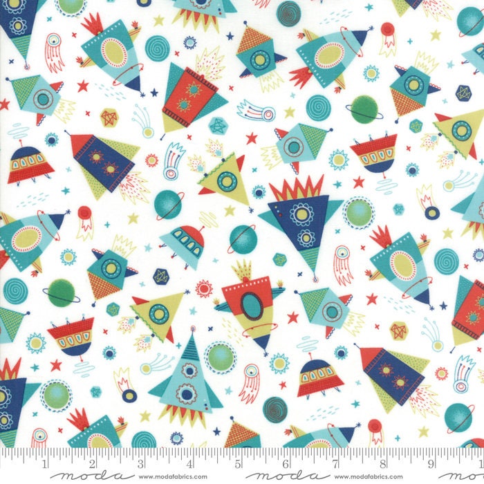 Stellar Baby - Outer Space Fabric OOP, Moda 35322 11 Cloud, Children's Rockets Space Baby Quilt Fabric, Abi Hall, By the Yard
