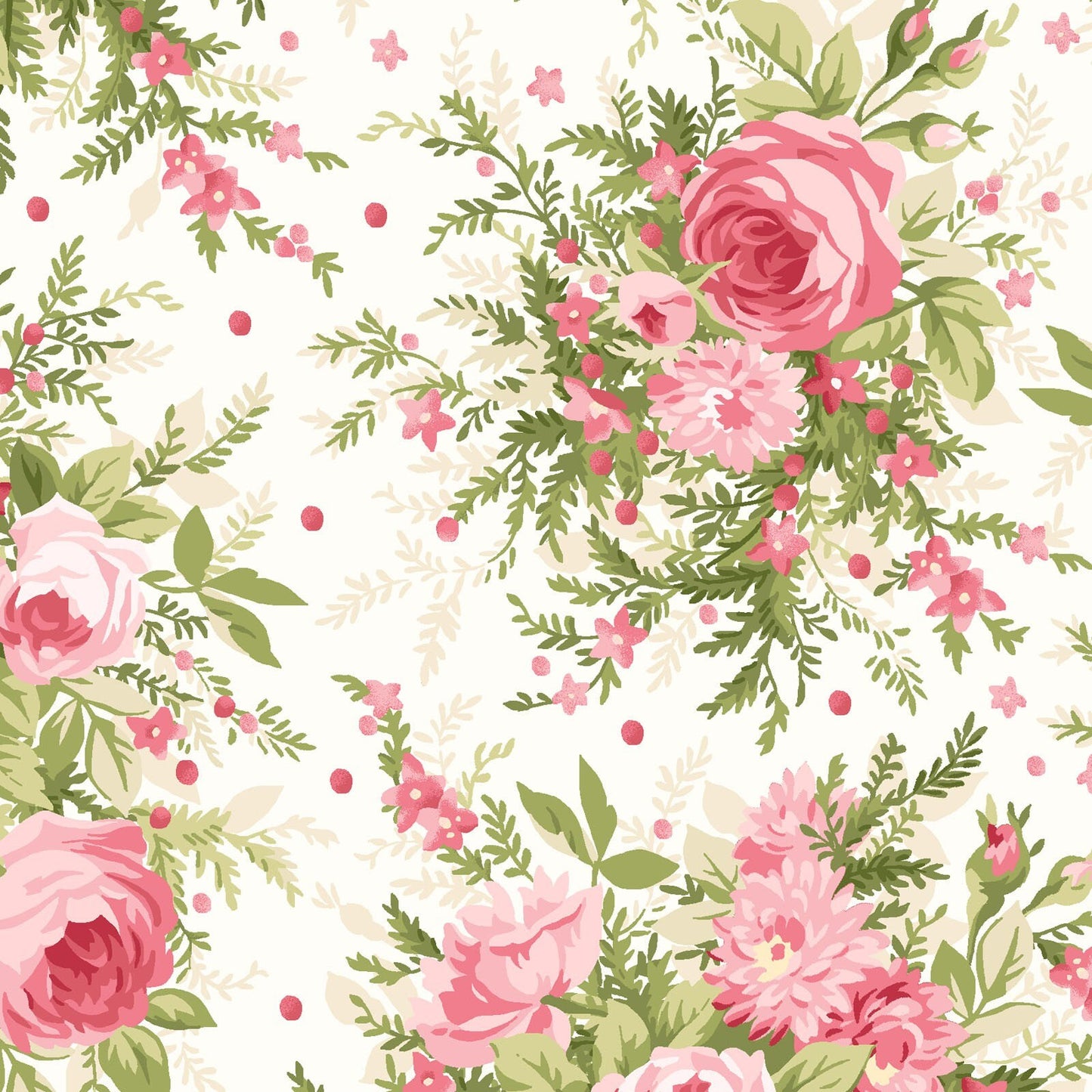 Heather - Pink Roses on Ecru Floral Fabric, Maywood Studio MAS8390-E, Romantic Shabby Cottage Chic Fabric, Pink Rose Fabric