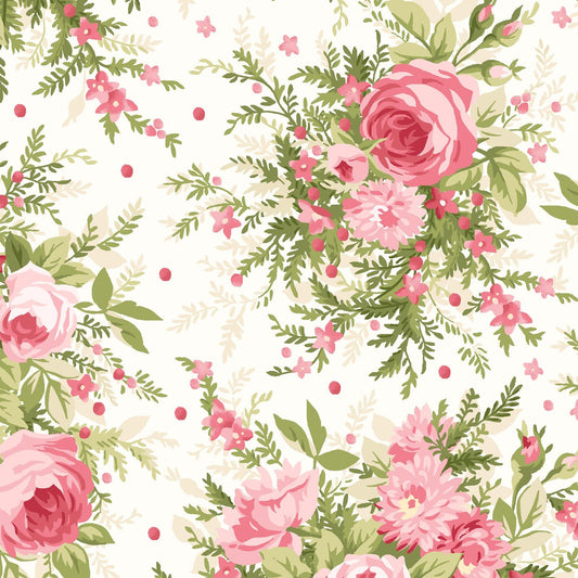 Heather - Pink Roses on Ecru Floral Fabric, Maywood Studio MAS8390-E, Romantic Shabby Cottage Chic Fabric, Pink Rose Fabric