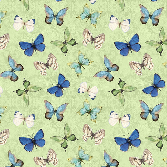 Nature Study - Blue Butterflies on Green Fabric, Wilmington Prints 1665 33825 714, Green Butterfly Fabric, Nancy Mink, By the Yard