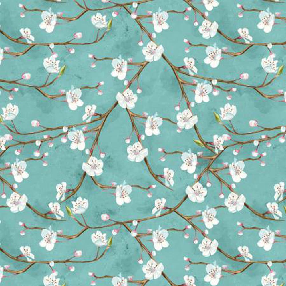 Nature Study - Teal Turquoise Blue Flower Branches Fabric, Wilmington Prints 1665 33824 471, Nancy Mink, By the Yard