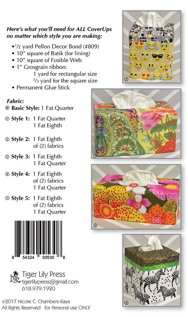 Tissue Box Cover Ups Pattern, Tiger Lily Press TLP1247, Kleeex Puffs Tissue Box Cover Pattern,