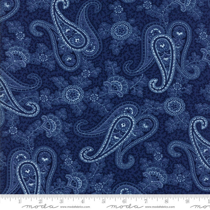 Regency Blues - Dark Blue Paisley OOP Fabric, Moda 42300 15 English Blue, Navy Paisley Fabric, Christopher Wilson-Tate, By the Yard