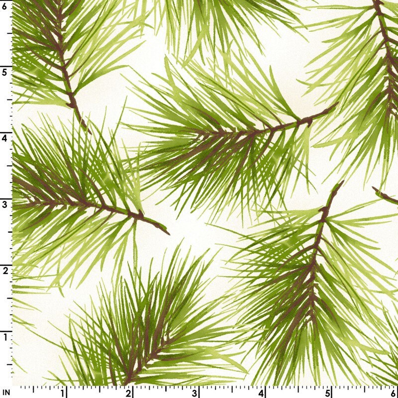 REMNANT 1 Yard 15" of Poinsettia and Pine - Fresh Pine Cream Christmas Pine Branches Fabric, Maywood Studio MAS9124-E, Christmas Xmas Fabric