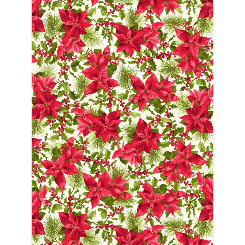 REMNANT 19" of Poinsettia and Pine - Mixed Floral Cream Christmas Fabric, Maywood Studio MAS9120-E, Christmas Xmas Holiday Fabric