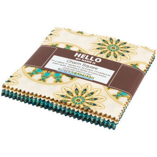 Terracina Teal Charm Squares, Robert Kaufman CHS-718-42, 5" Precut Teal Gold Cream Fabric with Metallic Accents Fabric Squares