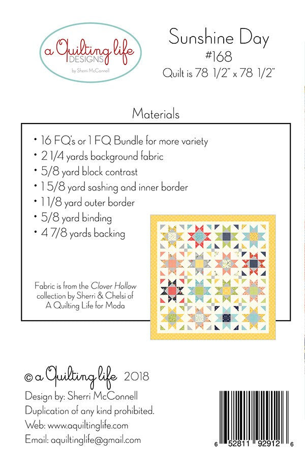 Sunshine Day Quilt Pattern, A Quilting Life Designs QLD168, FQ Fat Quarter Friendly Star Throw Quilt Pattern