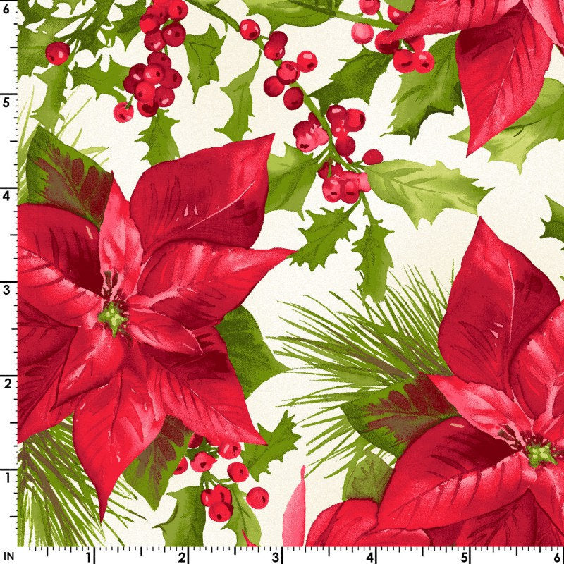 REMNANT 19" of Poinsettia and Pine - Mixed Floral Cream Christmas Fabric, Maywood Studio MAS9120-E, Christmas Xmas Holiday Fabric