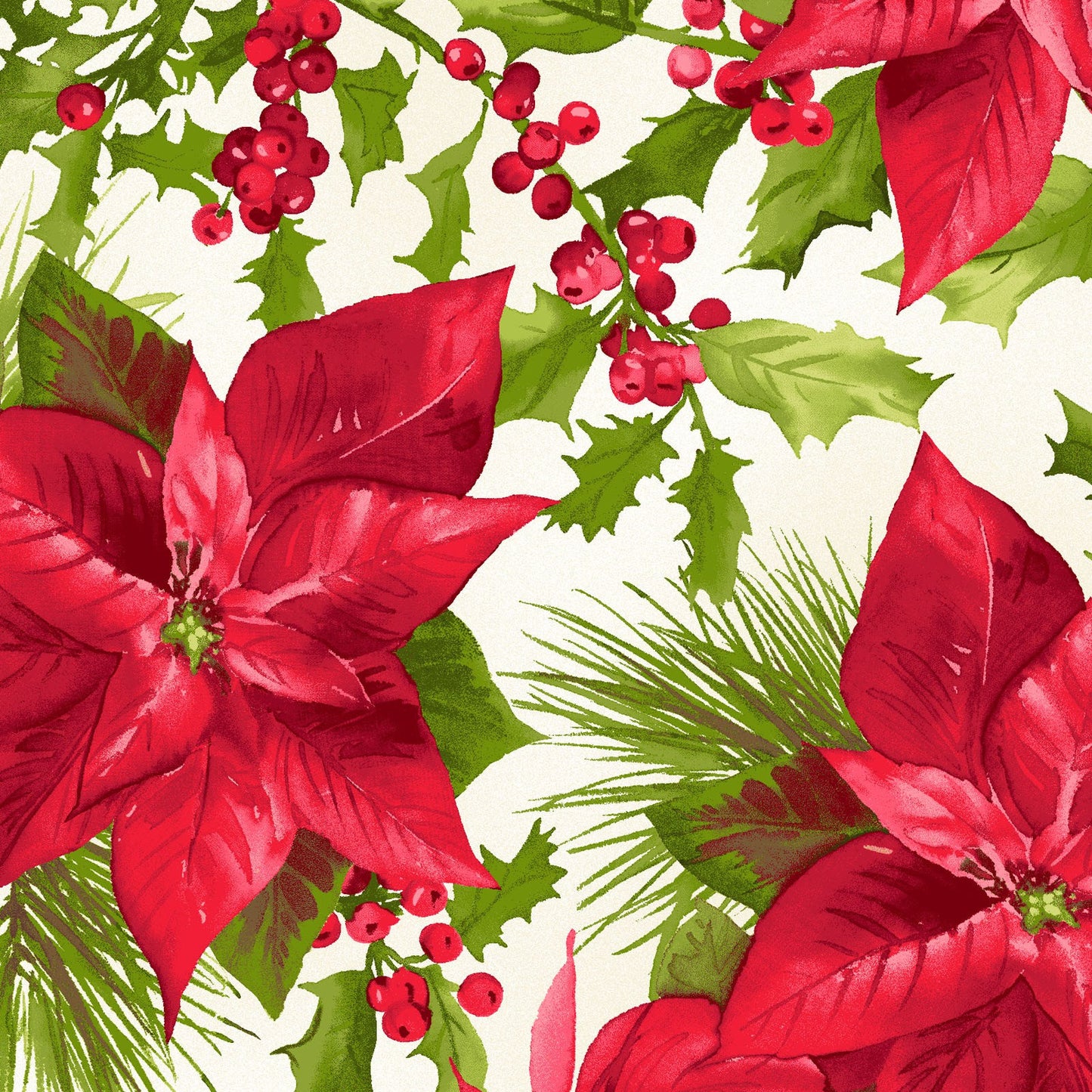 REMNANT 19" of Poinsettia and Pine - Mixed Floral Cream Christmas Fabric, Maywood Studio MAS9120-E, Christmas Xmas Holiday Fabric