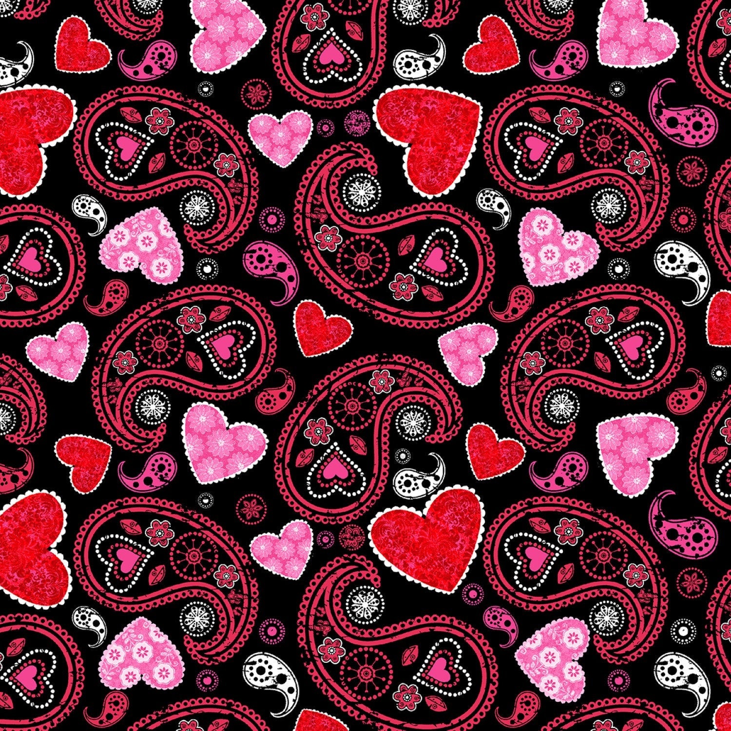 REMNANT 22" of Hearts of Love - Black Paisley Hearts Fabric, Studio E 4378S-99, Valentine's Day Fabric, Sharla Fults