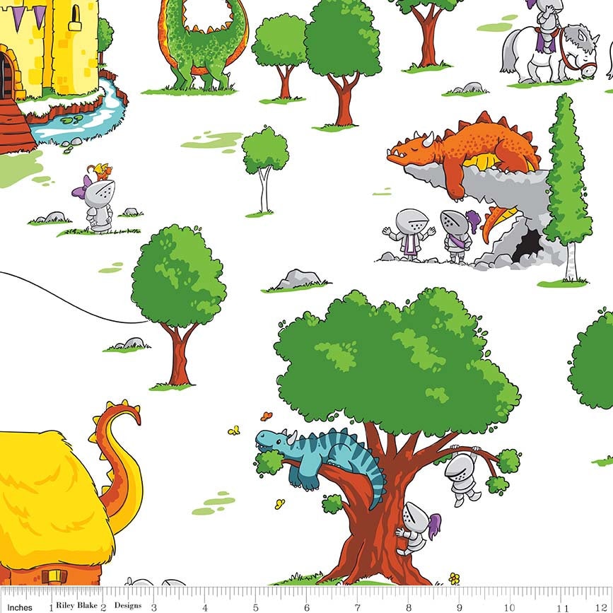 RARE Dragons - Dragon Castle Knight on White Fabric OOP, Riley Blake C7660-White, Whimsical Knights Dragons Nursery Fabric, By the Yard