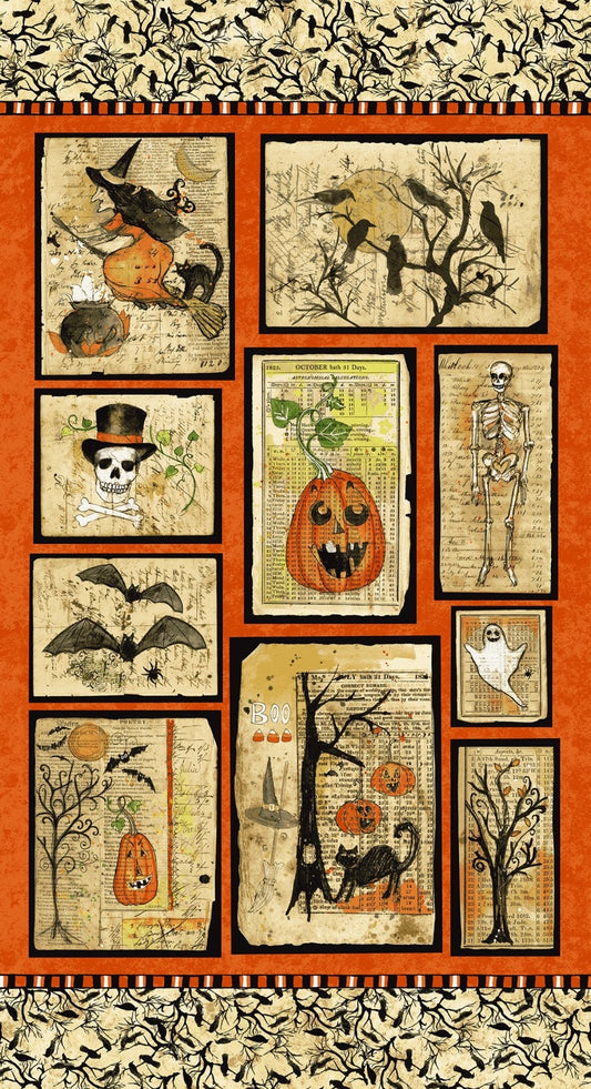 RARE Something Wicked- Halloween Blocks 23" Fabric Panel, Clothworks Y2424-55, Orange Black Beige Crow Skeleton Halloween Fabric, Sue Zipkin