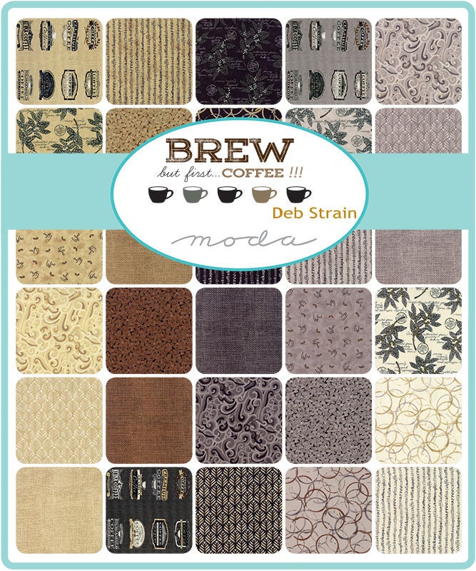 DESTASH Brew Charm Pack, Moda 19850PP, 5" Precut Brown Black Tan Taupe Coffee Themed Fabric Squares, Deb Strain