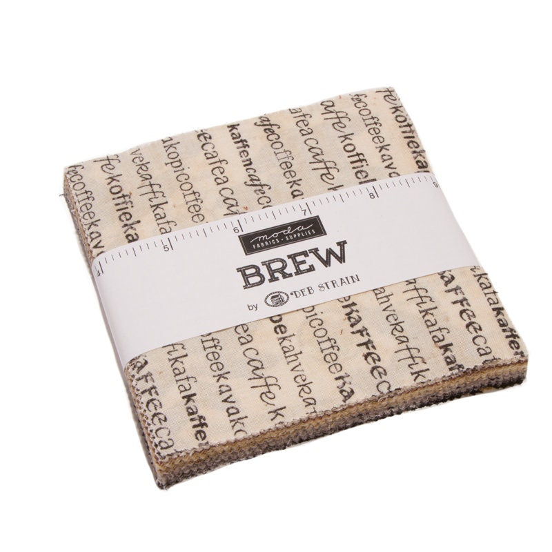 DESTASH Brew Charm Pack, Moda 19850PP, 5" Precut Brown Black Tan Taupe Coffee Themed Fabric Squares, Deb Strain