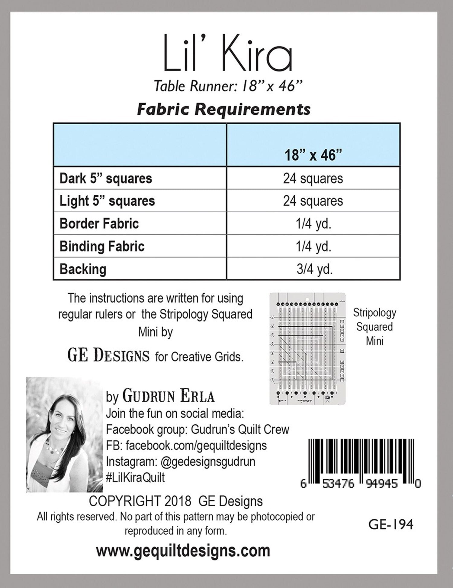 LAST CALL Lil' Kira Quilted Table Runner Pattern, GE Designs GE194