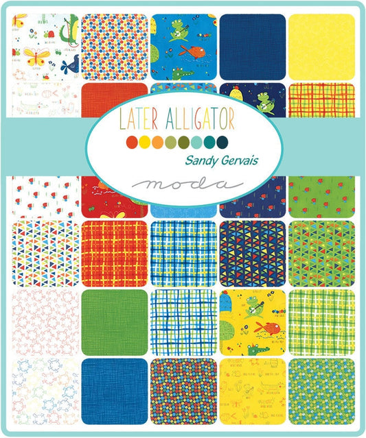 Later Alligator Charm Pack, Moda 17980PP, 5" Precut Fabric Squares, Children's Novelty Fabric, Baby Toddler Quilt Fabric, Sandy Gervais