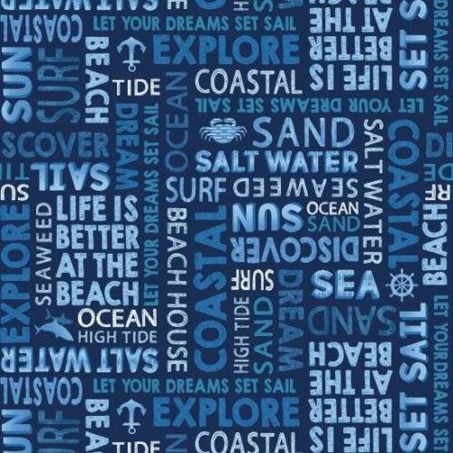 Indigo Coastal - Beach Text Blue Fabric, Studio E 3996-77, Blue Beach Coastal Word Collage Fabric, Coastal Living Beach Fabric, By the Yard